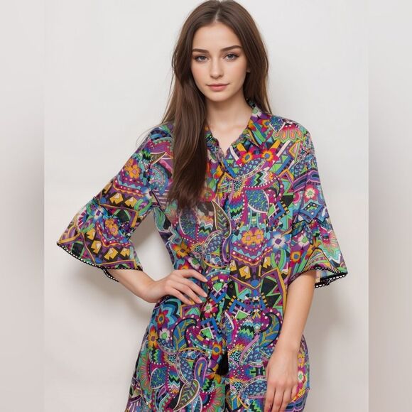 Johnny Was Demarne Ruffle Sleeve Tunic Shirt Top R24924 XS Multi Boho Chic - Picture 16 of 16